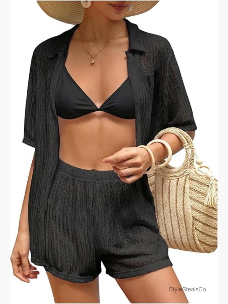 2 Piece Cover Up Set Short Sleeve Open Front Hollow Out Swimsuit With Shorts